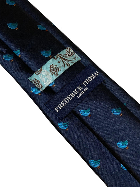 navy blue tie with cute blue baby bird embroidered design